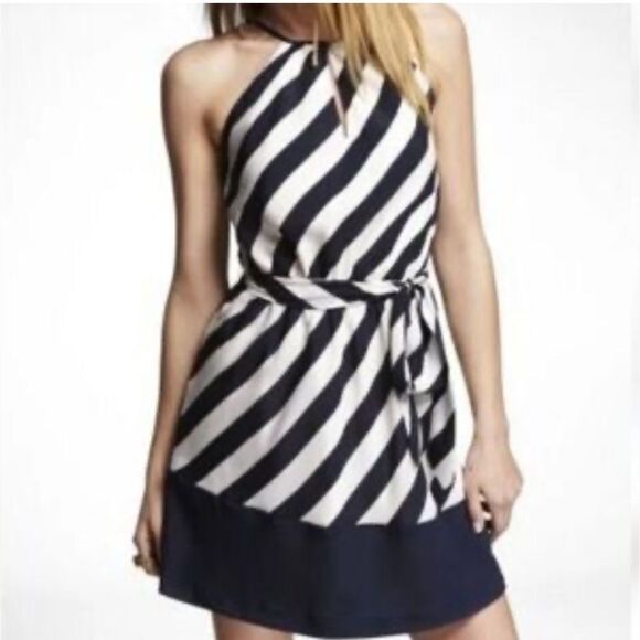 Express Navy Blue Cream Diagonal Stripe Sashed Nautical Coastal Halter Dress NEW - Picture 1 of 16